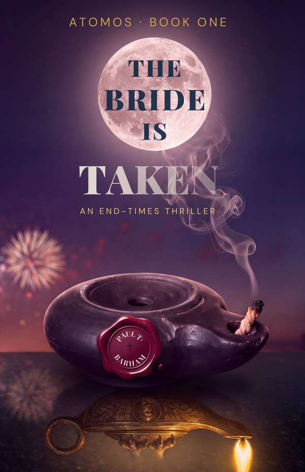 Cover of The Bride Is Taken: an unlit clay oil lamp beneath a blood moon, reflected in black granite as a lit golden lamp